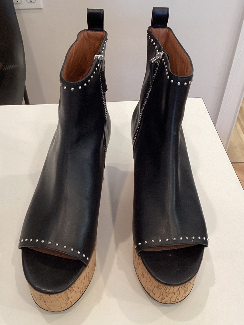 Givenchy Black Leather Peep-Toe Platform Ankle Boots with Studs